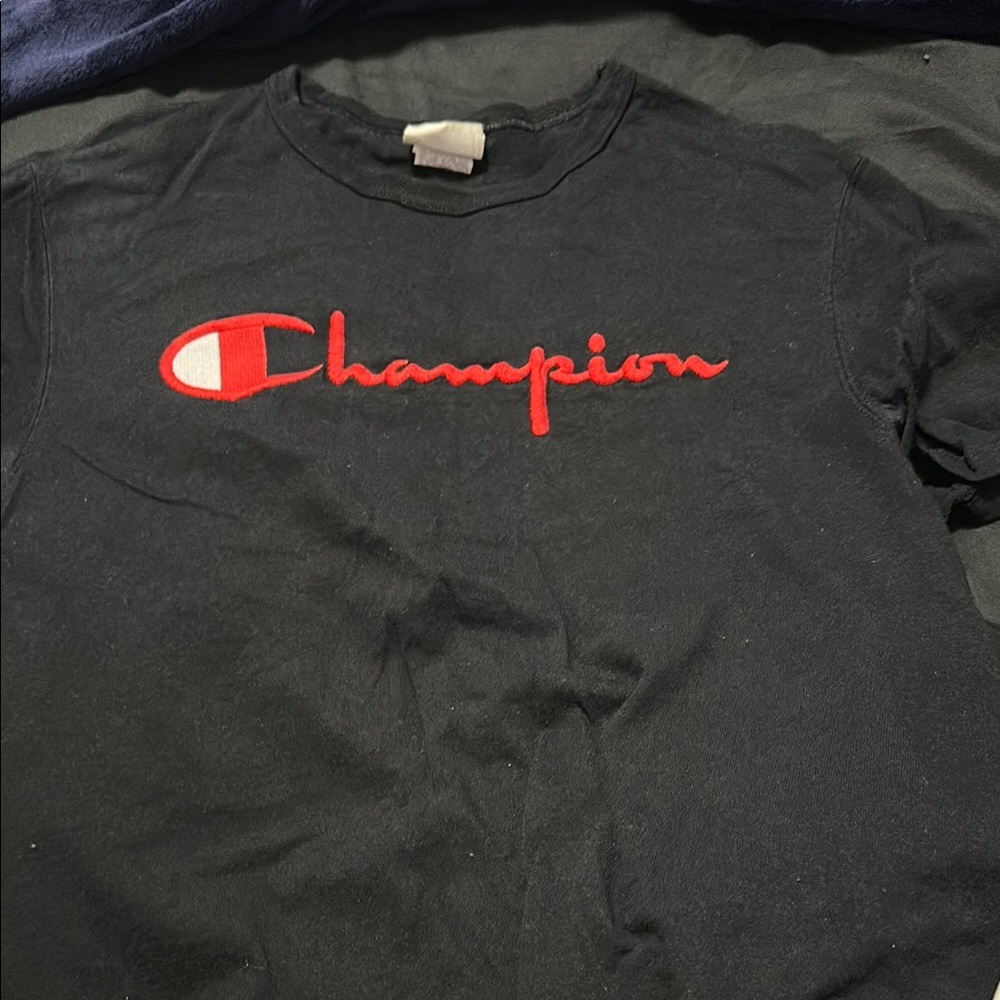 Champion Black Tee with Red Script Logo